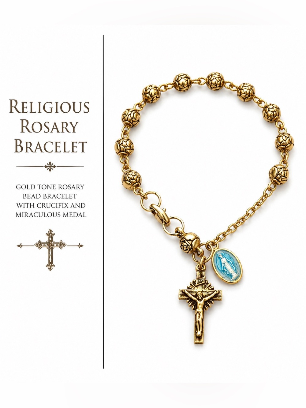 Vintage Gold Tone Rosary Bracelet Cross Virgin Mary Charm Religious